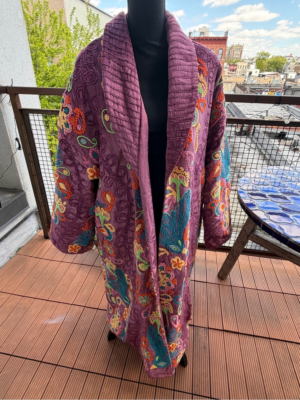Free People Purple Embroidered Floral Long Coat